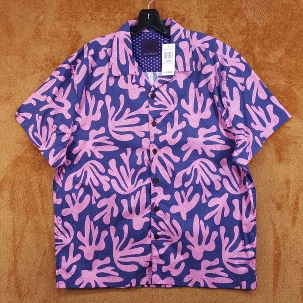 LORDS OF HARLECH Button Shirt Mens Large Blue Pink Coral Loop Short Sleeve $188
